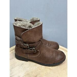 Just Fab Alyssa Boots Womens Size 7 Faux Leather Brown Double Buckle Faux Fur